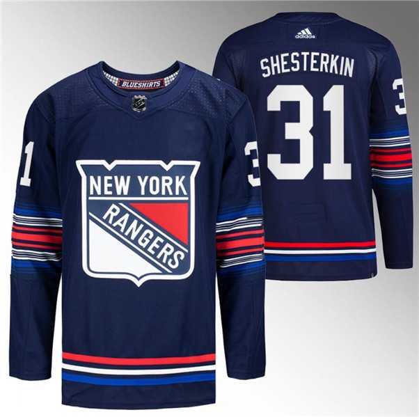 Men%27s New York Rangers #31 Igor Shesterkin Navy Stitched Jersey Dzhi